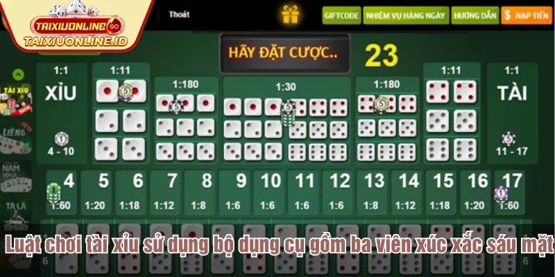 Luật chơi tài xỉu sử dụng bộ dụng cụ gồm ba viên xúc xắc sáu mặt